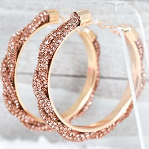 3" Braid Twist Champagne Rhinestone Hoop Earrings - Picture 10 of 12